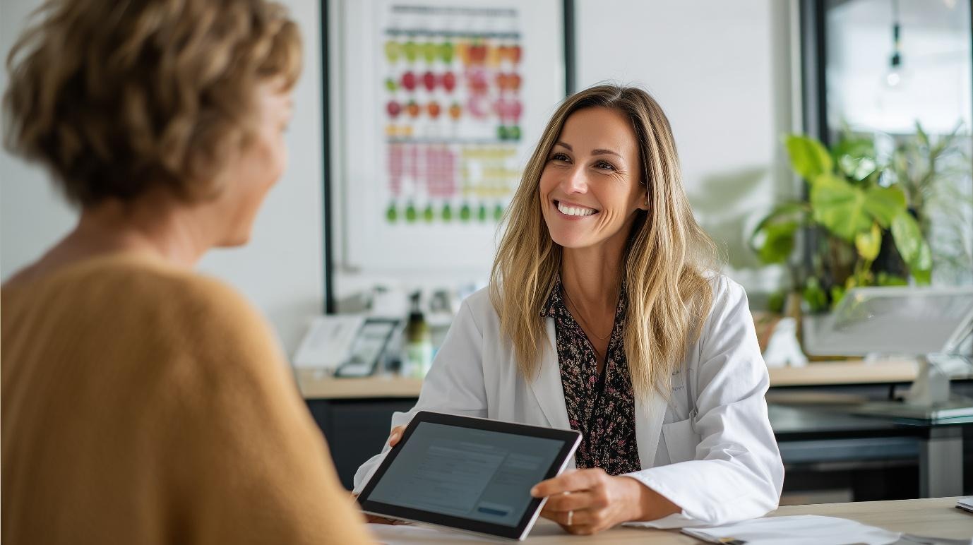 A smiling female nutritionist in a white coat holding a digital tablet, consulting with a client in an office setting with plants and health charts in the background.