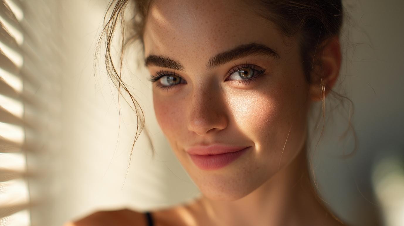 Close-up portrait of a young woman with glowing skin, freckles, and bright eyes, softly lit by sunlight filtering through blinds.