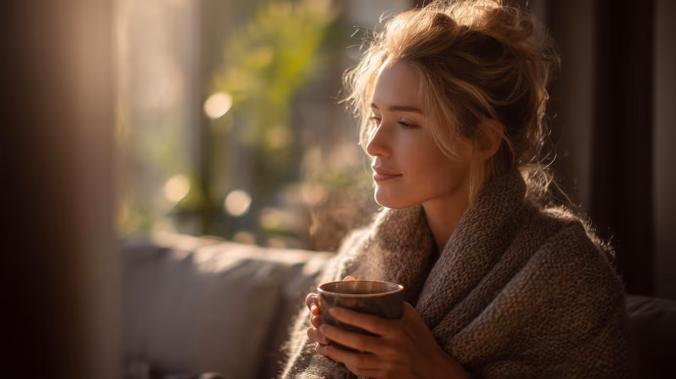 A person sitting on a couch holding a cup of coffeeAI-generated content may be incorrect.