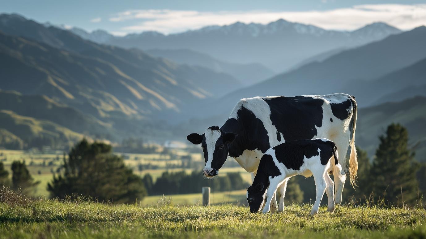 A black and white Holstein cow with her calf grazing in a lush green pasture, set against a scenic backdrop of rolling hills and distant mountains under a clear blue sky.
