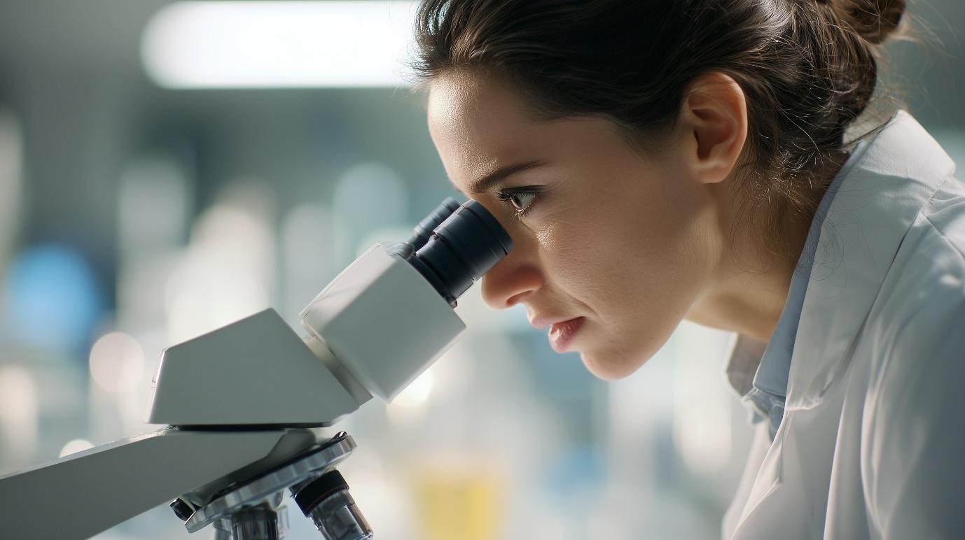 Female scientist in a lab coat closely examining samples through a microscope in a modern laboratory setting.