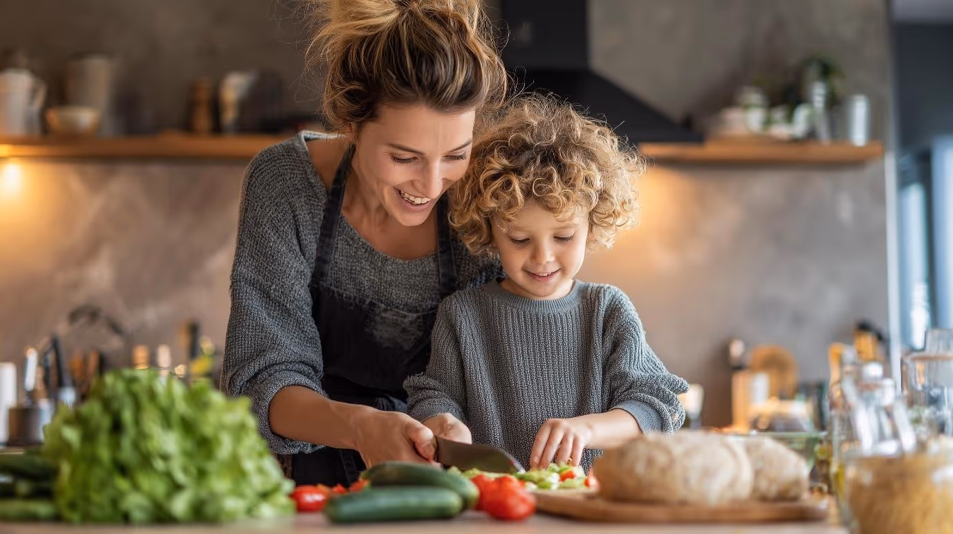 Mother and young child happily preparing fresh vegetables together in a bright kitchen, promoting healthy eating habits and home-cooked family meals.