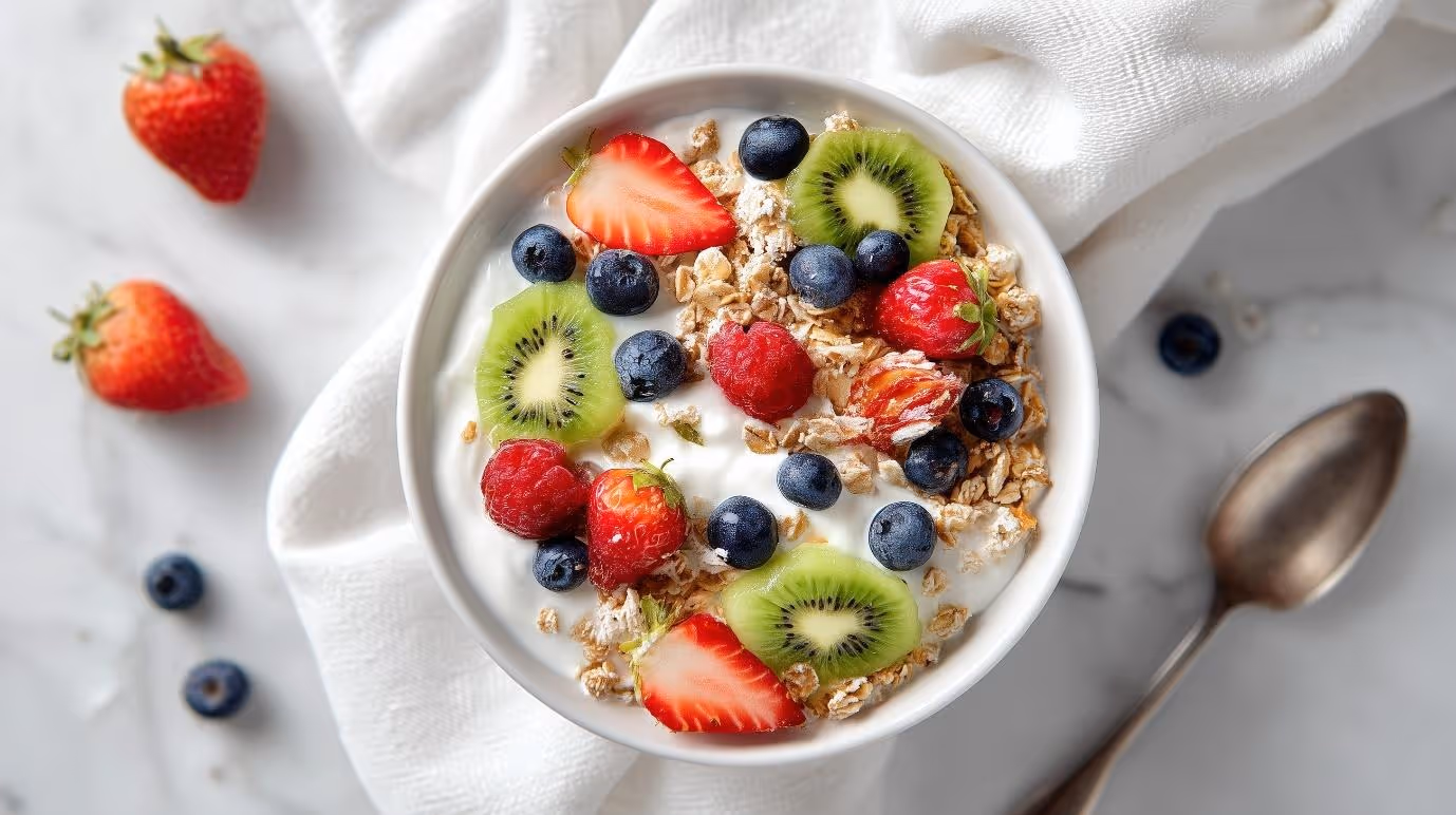 Bowl of yoghurt topped with wholegrain cereal, kiwi, strawberries, blueberries, and raspberries, representing a nutritious balanced breakfast rich in fibre and vitamins.