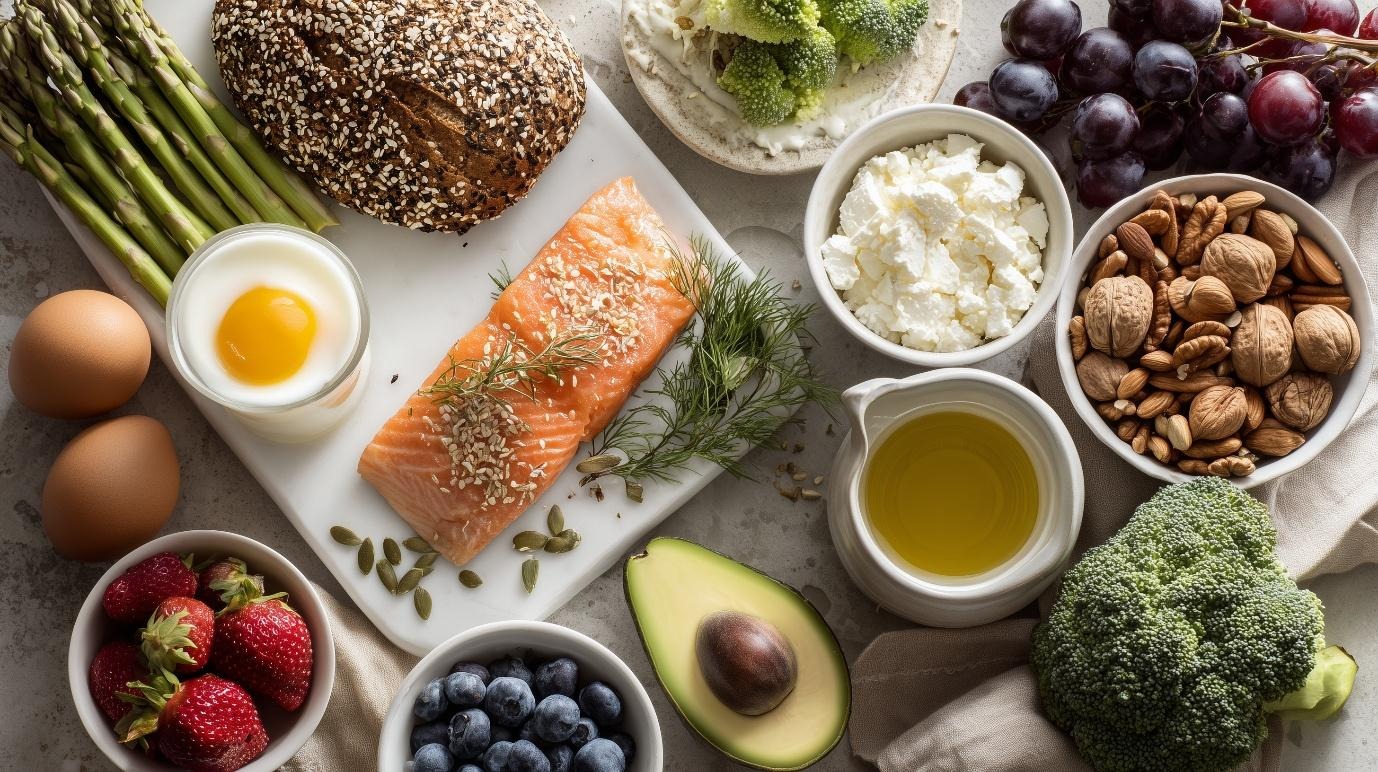 Balanced assortment of healthy foods from all five food groups including salmon, eggs, whole-grain bread, avocado, nuts, olive oil, broccoli, asparagus, strawberries, blueberries, grapes, and feta cheese, displayed on a bright kitchen table to represent a nutritious balanced diet.