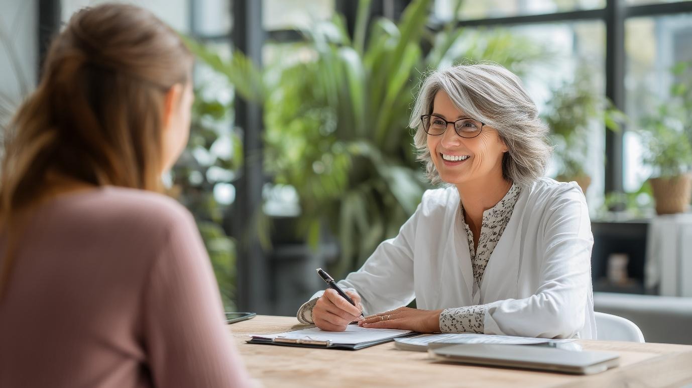 “Professional nutritionist smiling while writing notes during a consultation with a client in a bright, plant-filled wellness office, symbolising personalised nutrition guidance and holistic health support.