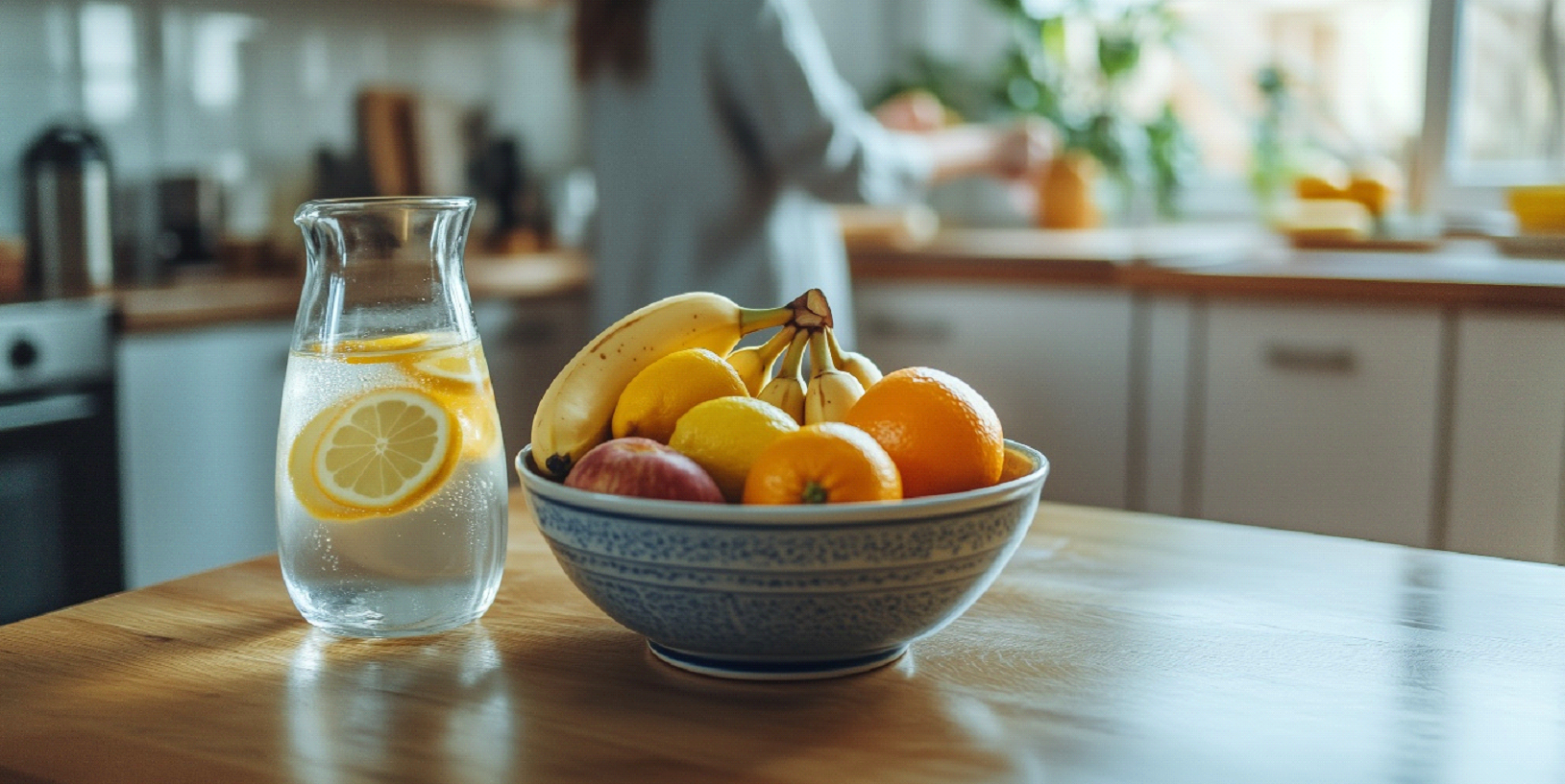 A bowl of fresh fruit on a kitchen counter beside a jug of lemon water