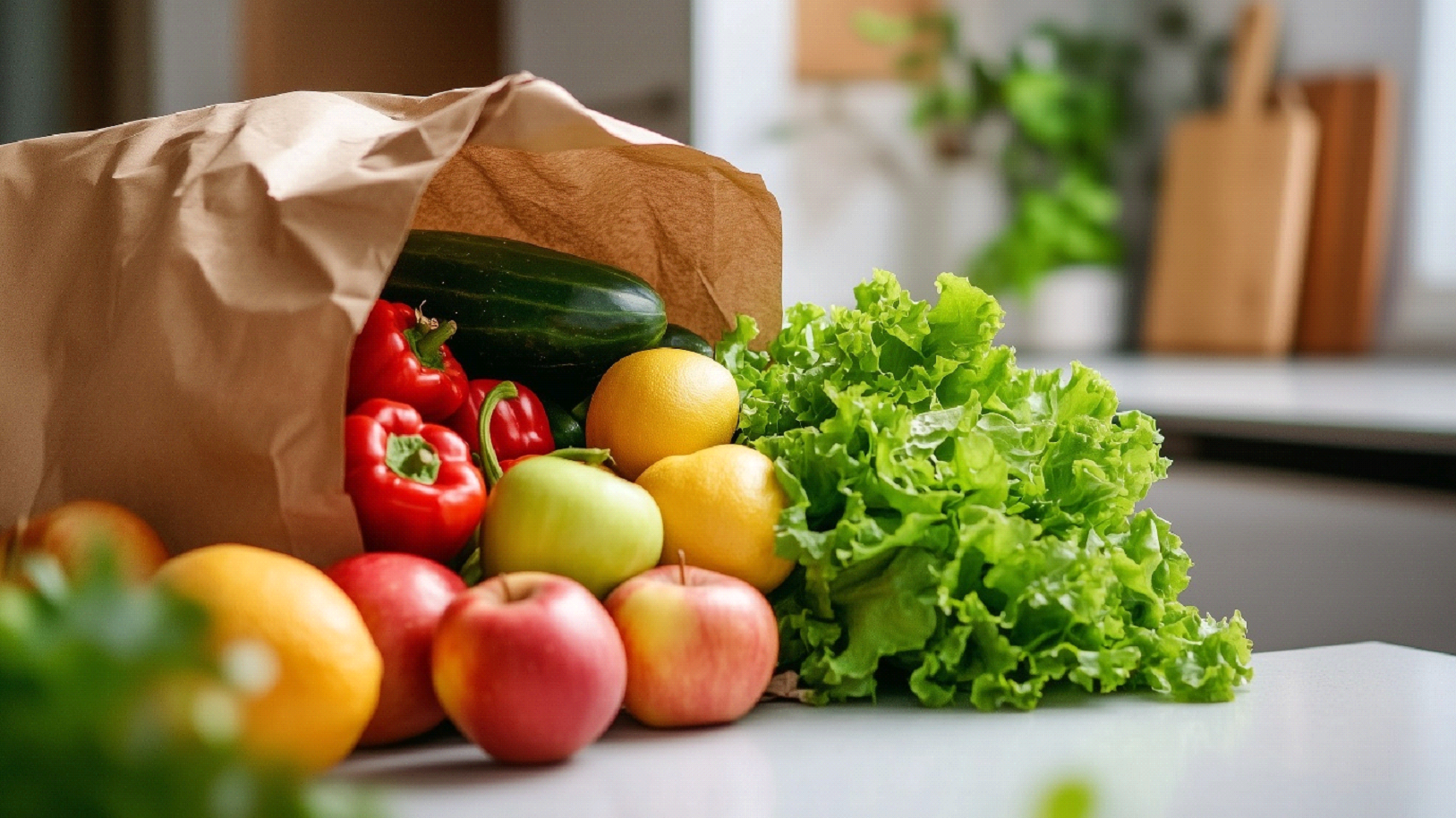 A paper grocery bag on a kitchen counter with fresh produce spilling out
