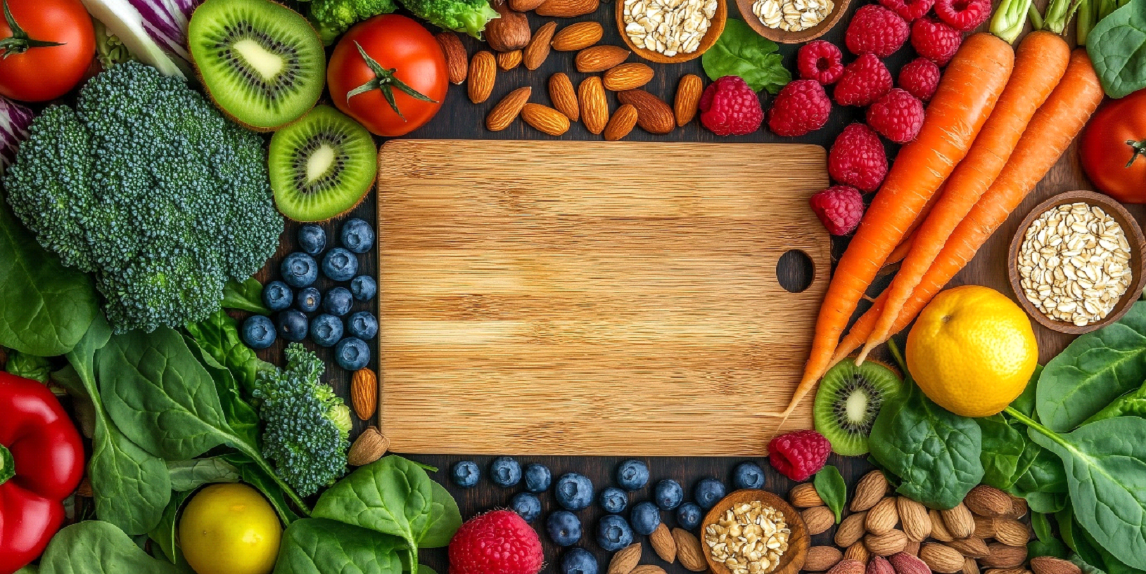 A wooden cutting board surrounded by a colourful assortment of fresh fruits, vegetables, nuts, and oats arranged neatly on a dark surface.