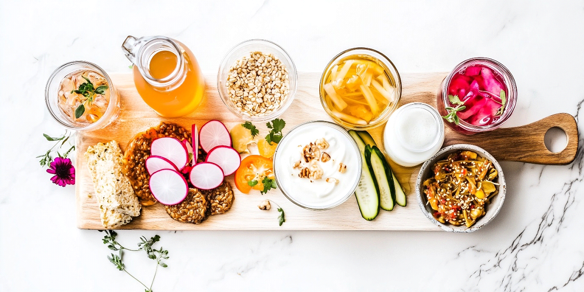 A wooden serving board topped with a variety of gut-friendly fermented foods including yogurt, pickled vegetables, kombucha, radishes, and granola, arranged on a white marble surface.