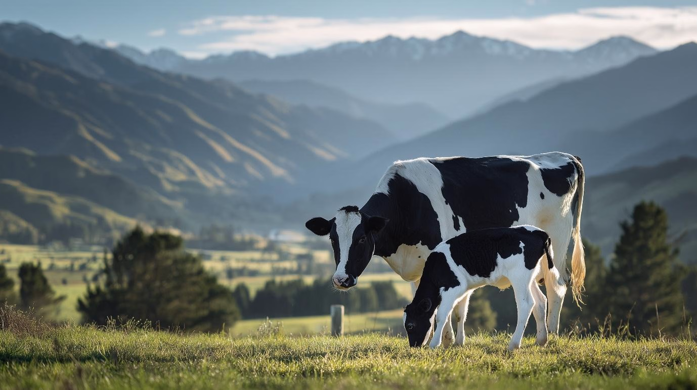 A black and white Holstein cow with her calf grazing in a lush green pasture, set against a scenic backdrop of rolling hills and distant mountains under a clear blue sky.