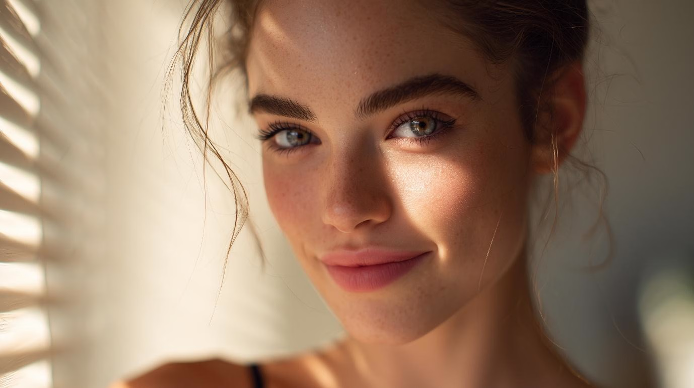 Close-up portrait of a young woman with glowing skin, freckles, and bright eyes, softly lit by sunlight filtering through blinds.