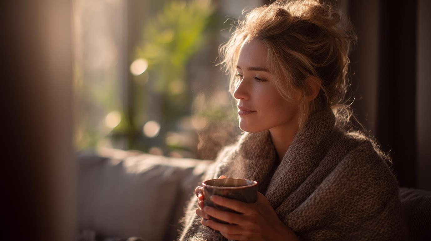 A person sitting on a couch holding a cup of coffeeAI-generated content may be incorrect.