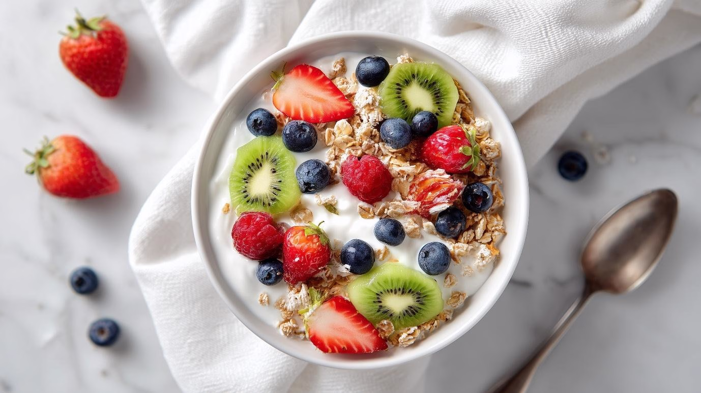 Bowl of yoghurt topped with wholegrain cereal, kiwi, strawberries, blueberries, and raspberries, representing a nutritious balanced breakfast rich in fibre and vitamins.