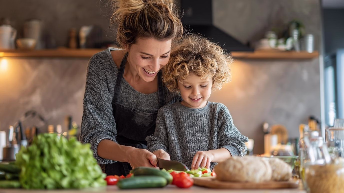 Mother and young child happily preparing fresh vegetables together in a bright kitchen, promoting healthy eating habits and home-cooked family meals.