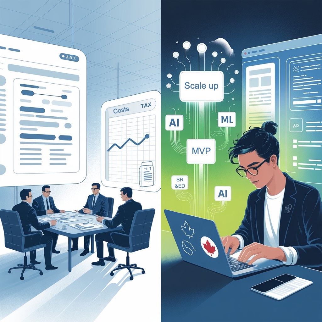 A modern, clean illustration depicting a split-screen comparison between a traditional boardroom and a dynamic startup workspace. Floating between the two scenes are stylized AI/ML icons and data streams to emphasize the contrasting approaches to innovation.