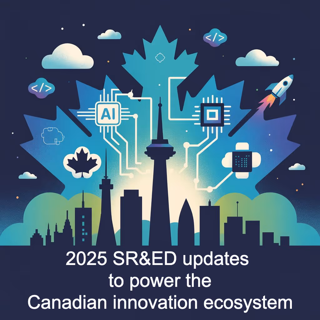 a modern, minimalist illustration of the Canadian tech innovation landscape. The words '2025 SR&ED updates to power the Canadian innovation ecosystem' are written on top of it