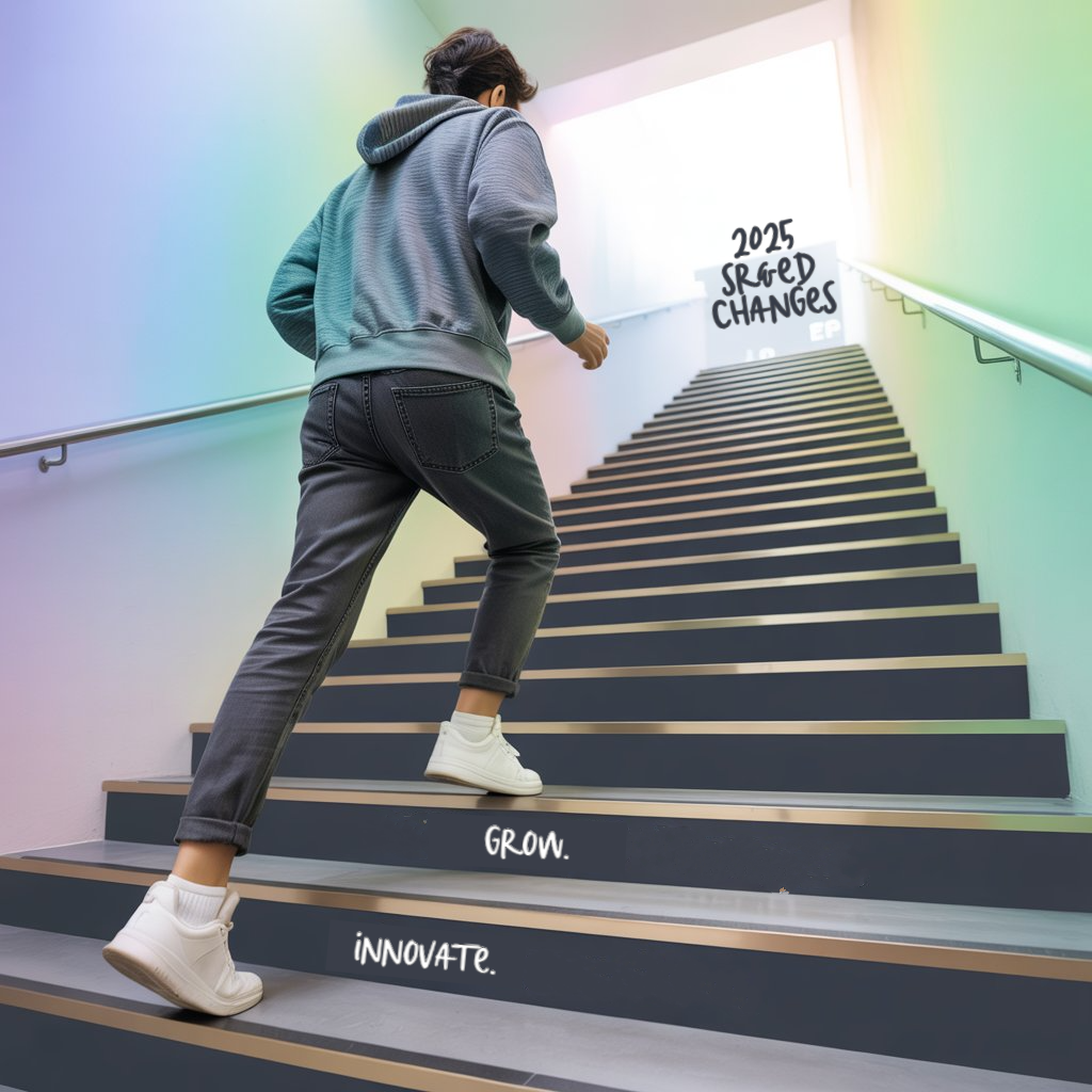 a determined individual confidently ascending a modern, digitally-illustrated staircase, clad in contemporary startup attire of dark wash jeans, white sneakers, and a heather gray hoodie. The staircase features subtle gold accents and minimalist signage displaying progress milestones, illuminated by soft, diffused lighting that creates a sense of upward momentum, leading to a softly glowing, aspirational space at the top against a calming gradient background of blues and greens. Integrated into the signage near the top is the elegant text “2025 SR&ED Changes,” subtly reinforcing the brand alongside a tagline reading "Innovate. Grow. Thrive." in a clean, modern font, creating an overall aesthetic of ambition and effortless progress. The polished, optimistic imagery is designed to inspire confidence and highlight the benefits of this progressive R&D tax legislation for Canadian businesses.