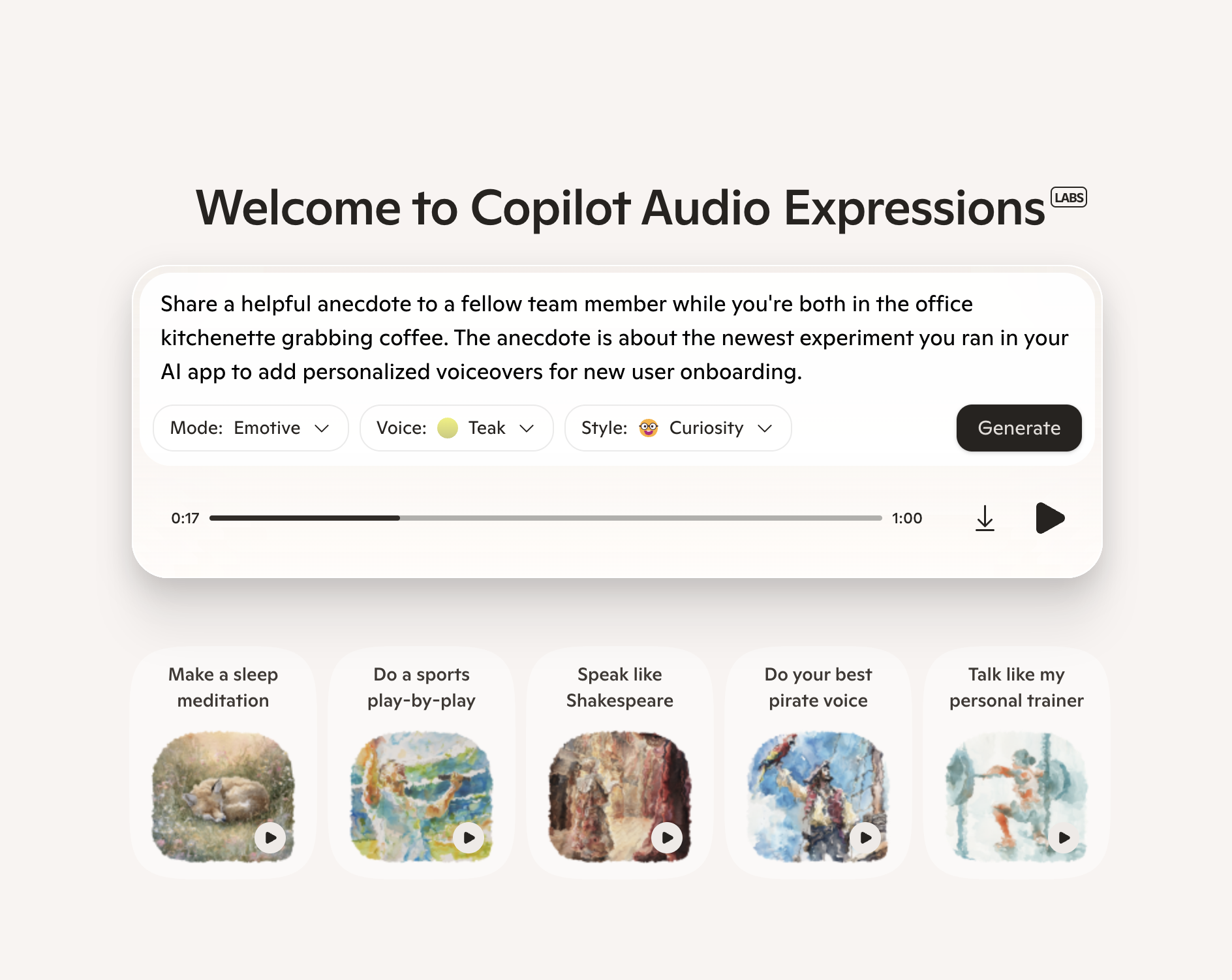 Screengrab of Copilot Audio expressions labs page to generate voice using text prompt