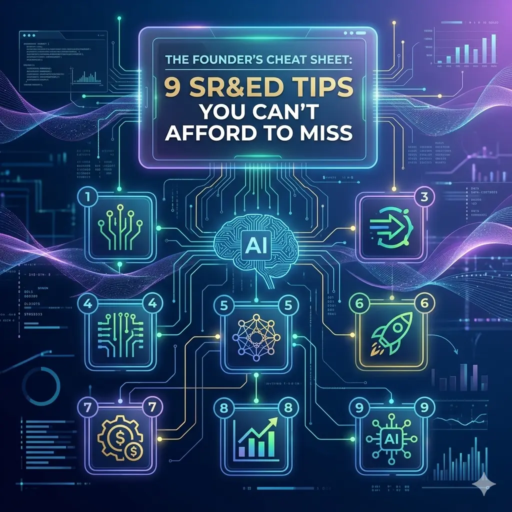 Digital infographic titled 'The Founder's Cheat Sheet: 9 SR&ED Tips You Can’t Afford to Miss' with AI brain illustration at center and numbered icons representing tech, speed, networking, rocket, finance, growth, and AI concepts.