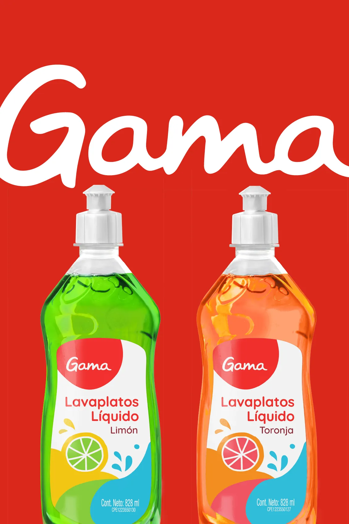 Two bottles of Gama liquid dish soap, one green lemon scent and one orange grapefruit scent, against a red background.