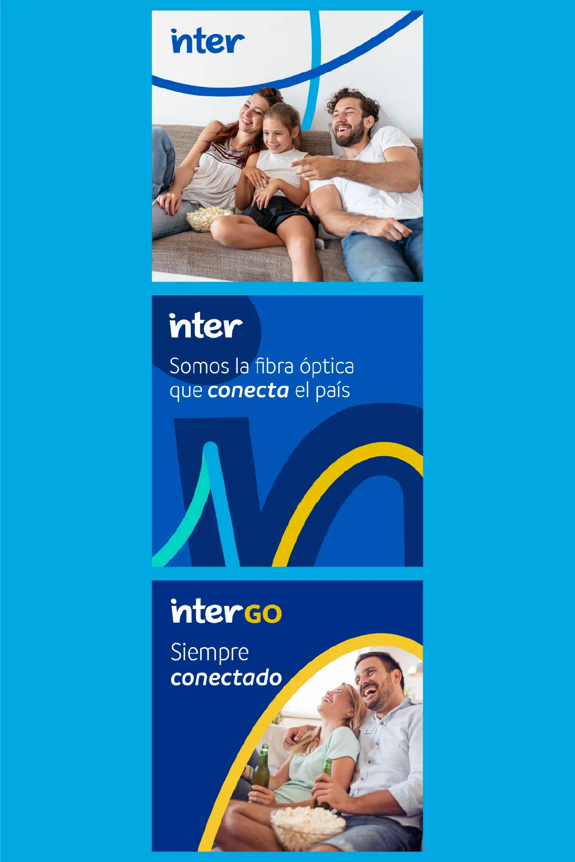 Top image: A smiling family of three sitting on a couch with a bowl of popcorn. Middle graphic with text: 'inter Somos la fibra óptica que conecta el país.' Bottom image and text: A smiling couple holding drinks and popcorn with text 'interGO Siempre conectado.'