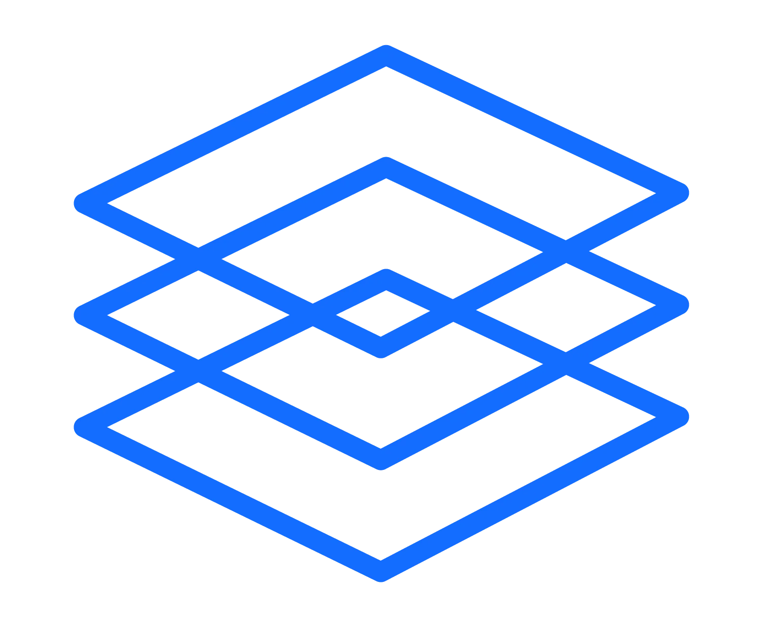 Blue abstract geometric logo consisting of overlapping diamond shapes forming a layered pattern.