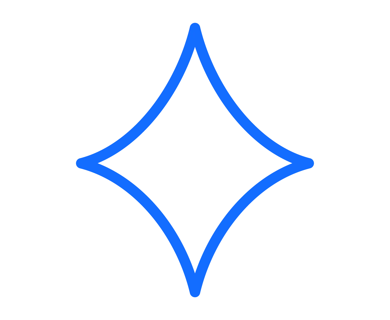 Blue diamond-shaped sparkle icon with curved sides on a transparent background.