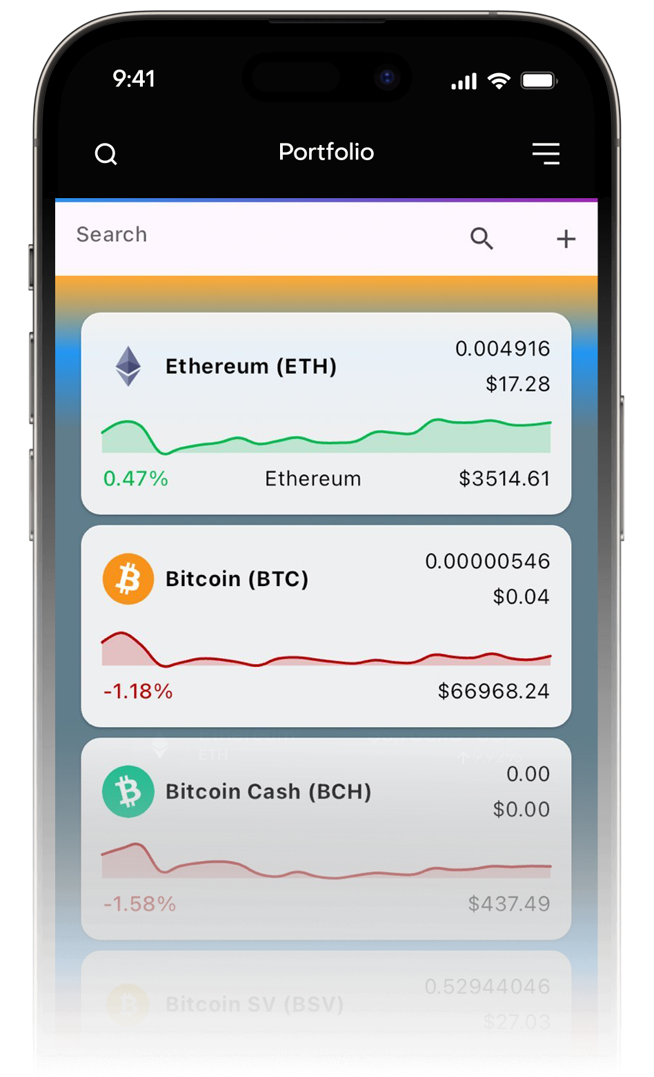 Light mode MegWallet porftfolio  mobile card screen. 