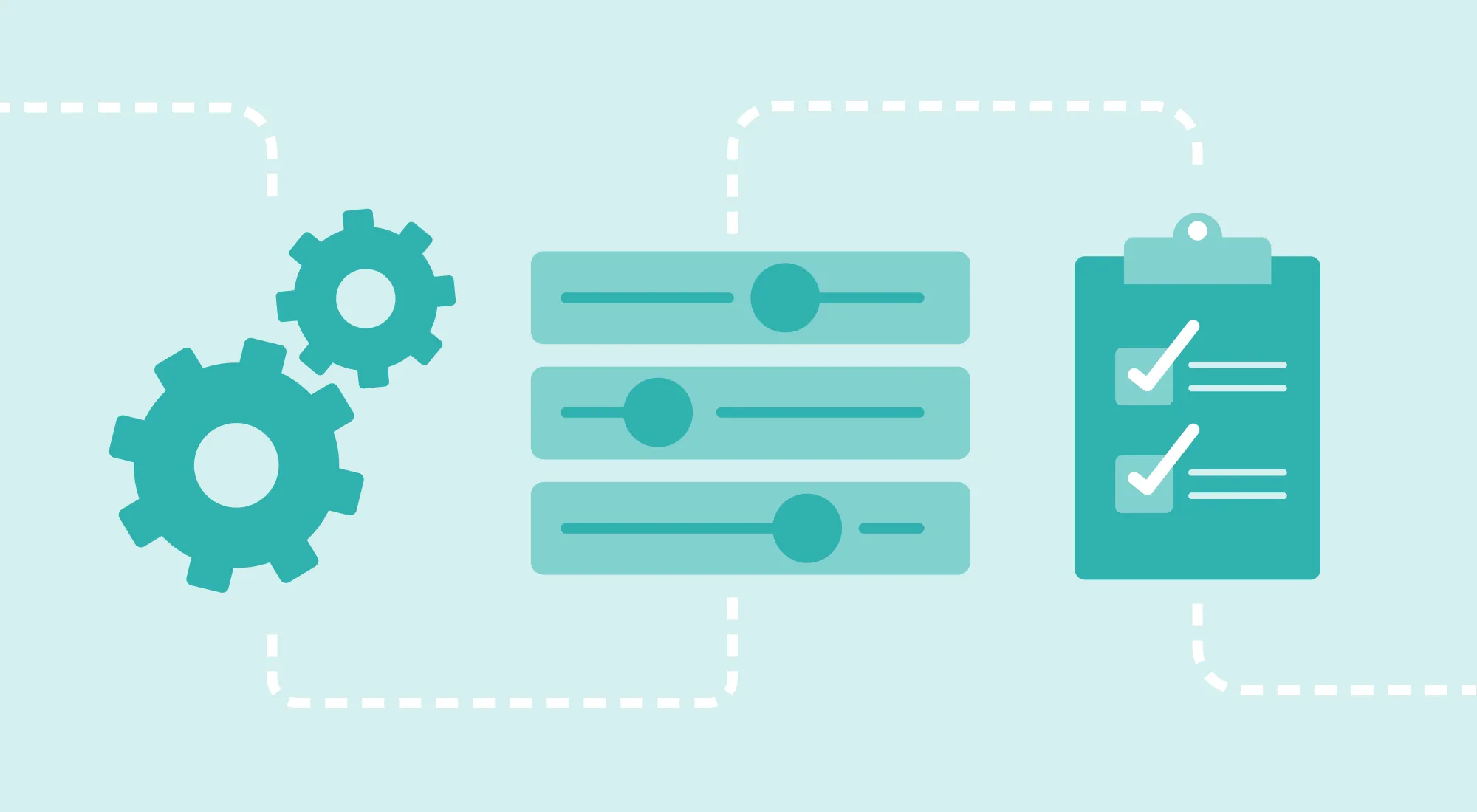 A blue and white image of a gear with a check mark on it.