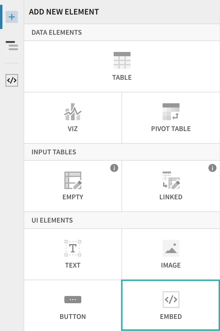 When adding a new element, select the “Embed” option, which allows us to specify the URL of the web object that we’d like to embed.