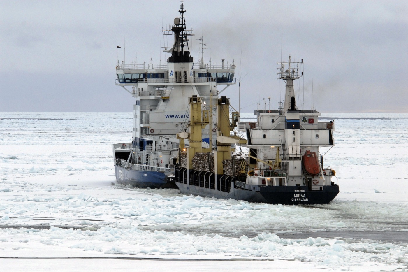 Finnish icebreaker Otso escorting a merchant ship in the Baltic Sea