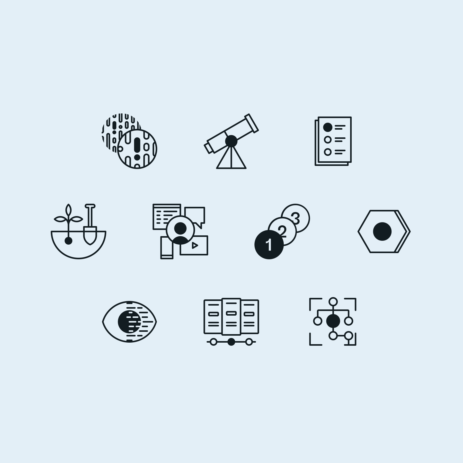 Nine black line icons on light blue background representing data, telescope, checklist, planting, user media, numbered circles, hexagon, an eye, servers, and a network diagram.