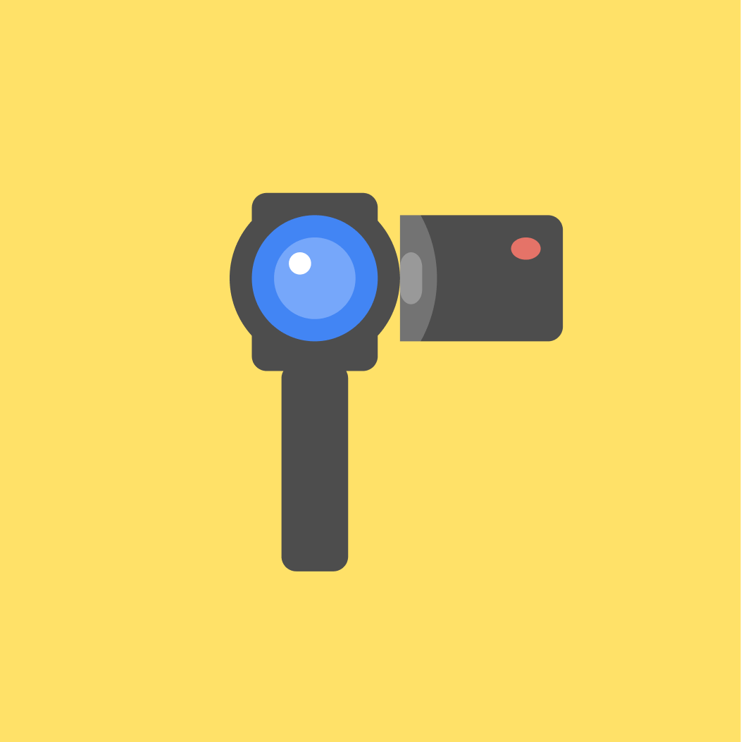 Icon of a handheld video camera with a large blue lens on a yellow background.