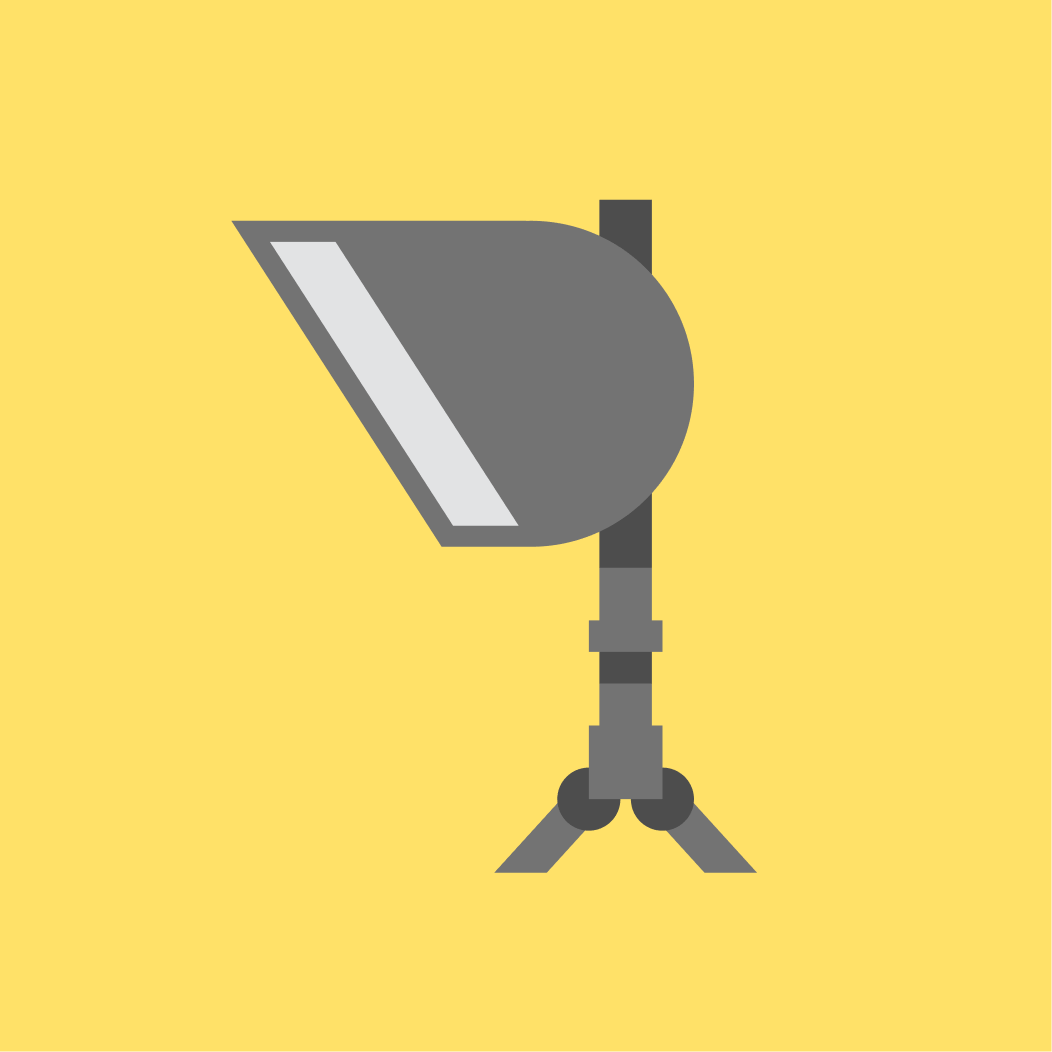 Illustration of a gray spotlight mounted on a tripod stand against a yellow background.