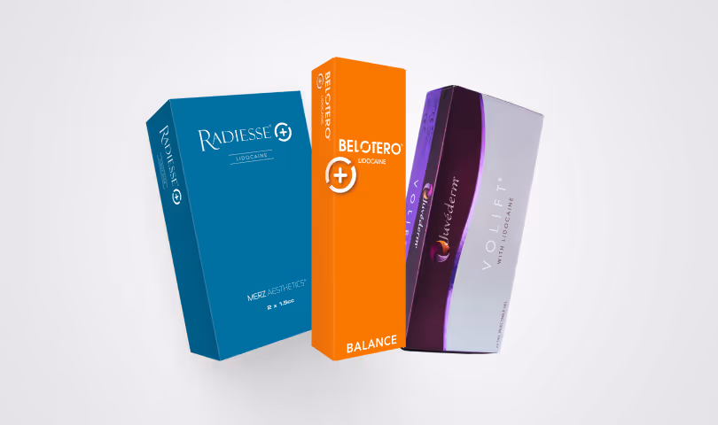 Verpackungen von Dermal-Fillern: Radiesse, Belotero und Juvederm Volift zur Faltenbehandlung und Hautstraffung.
