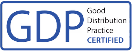 Logo mit dem Text GDP und dem Schriftzug Good Distribution Practice CERTIFIED in einem Rahmen.