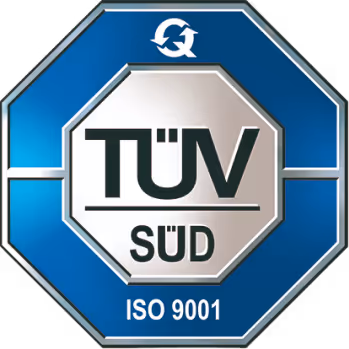 Das TÜV SÜD ISO 9001 Zertifizierungszeichen in Blau und Grau.