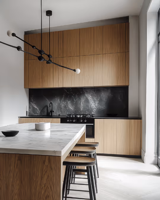A kitchen with a marble counter top and wooden cabinets.