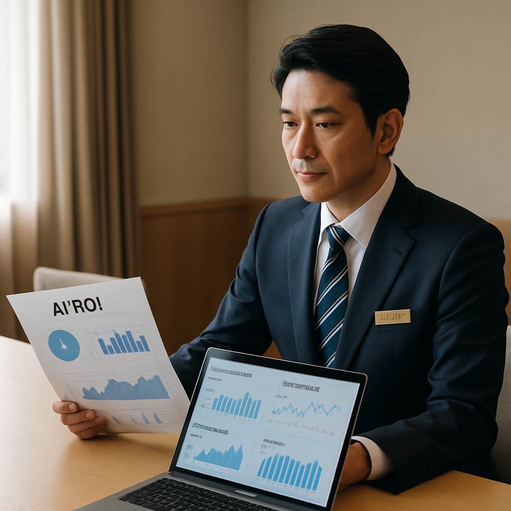 ホテル規模別のAI導入効果を示すグラフと経営者の打ち合わせシーン