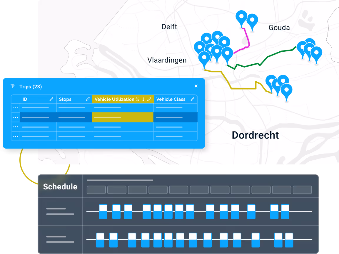 Tramm platform business-specific route planning interface showing map with delivery stops, driver schedule, and route assignments
