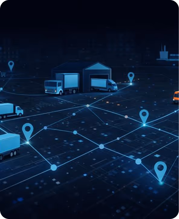 3D illustration of a connected logistics network with location pins and route pathways for complex transport network management