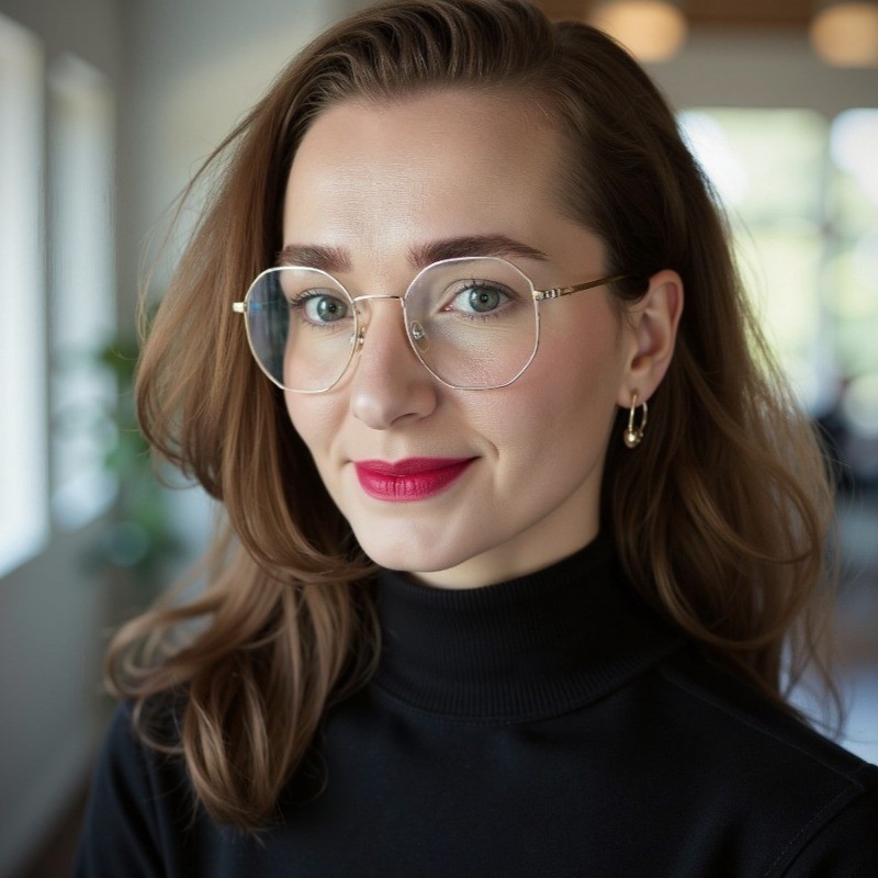Młoda kobieta z jasnobrązowymi włosami, nosząca okulary i czerwony pomadka, uśmiecha się lekko w czarnym golfie.