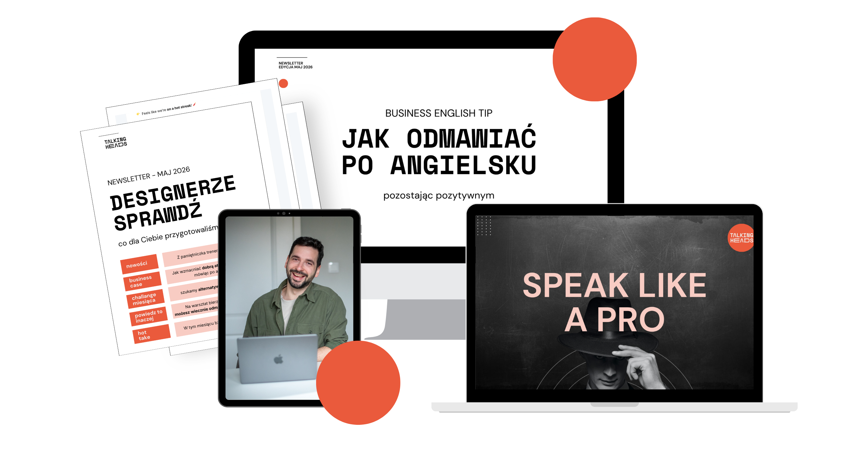 Newsletter materials in Polish with tips on rejecting in English and speaking like a pro, plus a smiling man on tablet.