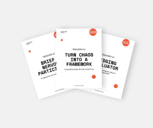 Trzy dokumenty szkoleniowe po angielsku rozłożone na białym tle, każdy z czerwonymi elementami graficznymi: pierwszy po lewej zatytułowany 'BRIEF MEMO PARTICIPANT', środkowy z napisem 'TURN CHAOS INTO A FRAMEWORK', trzeci po prawej zatytułowany 'BRIDGING REGULATOR'.