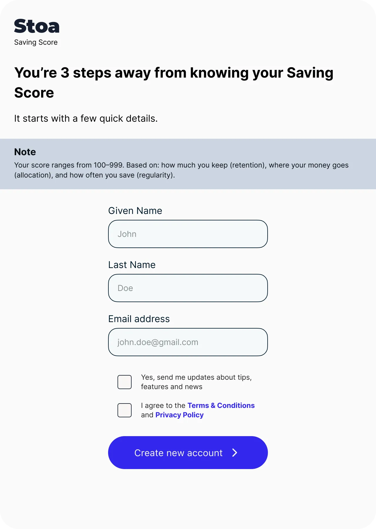Create a free account interface
