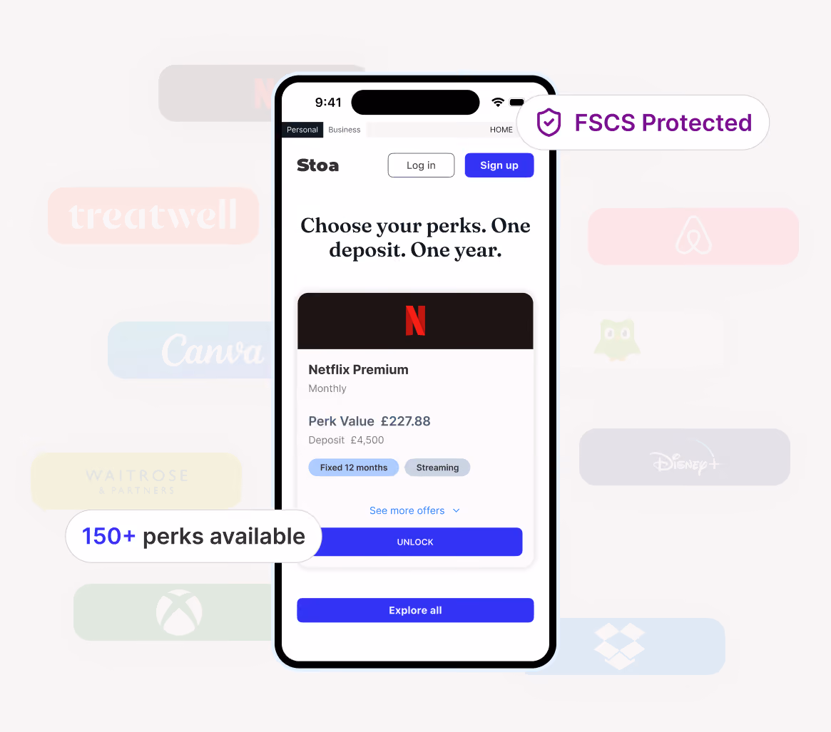 Smartphone screen showing Stoa app with Netflix Premium perk offering a monthly subscription valued at £227.88, requiring a £4,500 deposit for 12 months fixed term, streaming included. Labels highlight over 150 perks available and FSCS protection. Buttons labeled Log in, Sign up, Unlock, and Explore all are visible. Branding logos for treatwell, Canva, Waitrose & Partners, Xbox, Airbnb, Duolingo, Disney+, and Dropbox appear in the background.