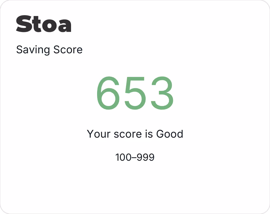 Scorecard titled 'Stoa Saving Score' displaying a green score of 653 with text underneath stating 'Your score is Good' and a range 100–999 below.