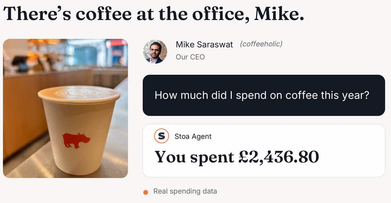 A coffee cup with a red rhino logo on a counter in a cafe setting, next to text showing a conversation where Mike Saraswat, CEO and coffeeholic, asks about his coffee spending, and Stoa Agent replies he spent £2,436.80, with a note indicating real spending data.
