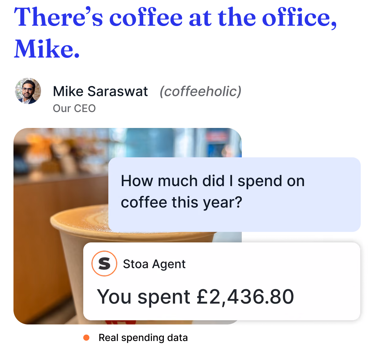 A conversation where Mike Saraswat, CEO, asks an agent how much he spent on coffee this year, and the agent replies with the amount £2,436.80 displayed over a close-up image of a cup of coffee.