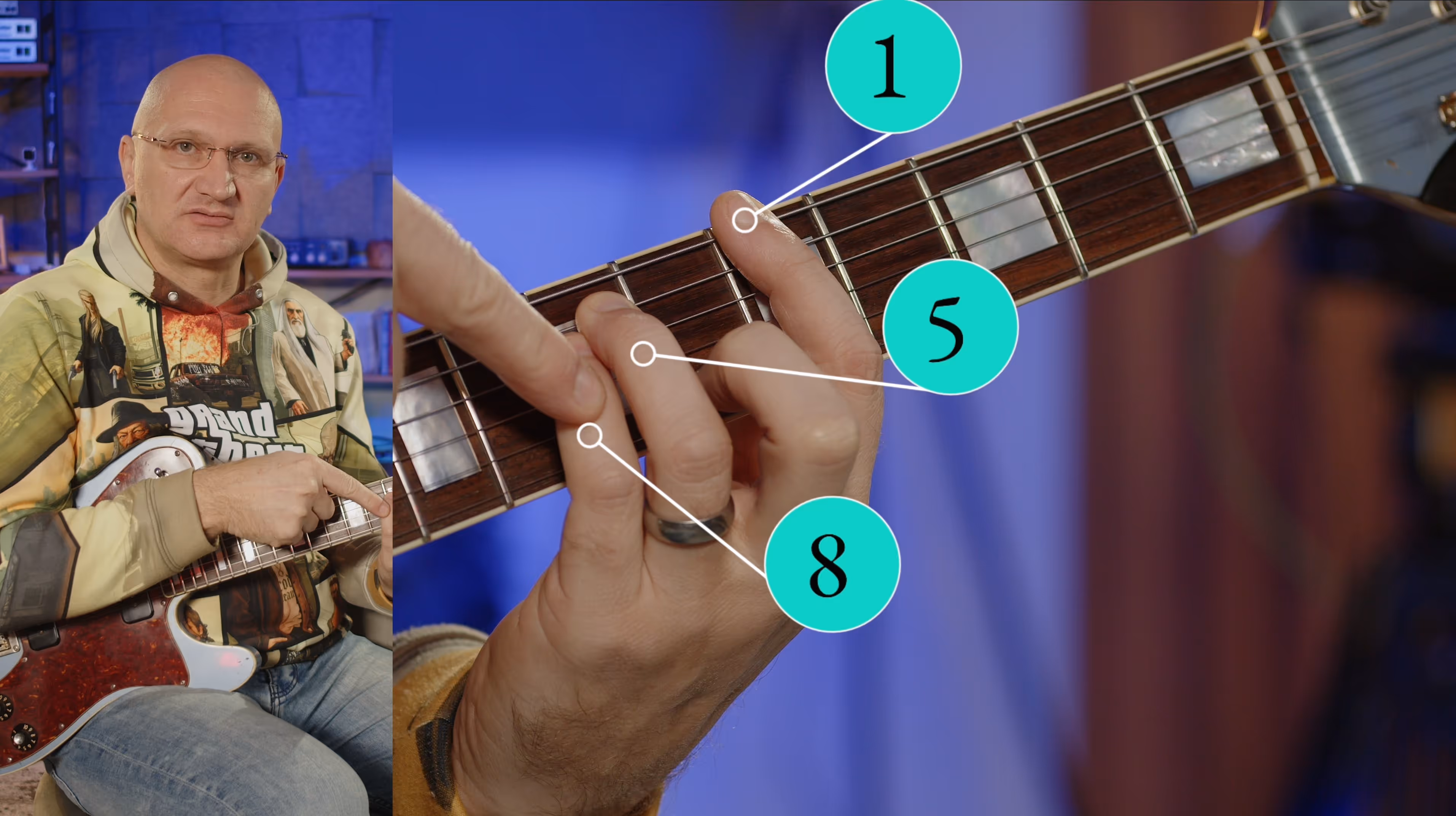 Mann zeigt Griffposition auf E-Gitarre mit markierten Bünden 1, 5 und 8.